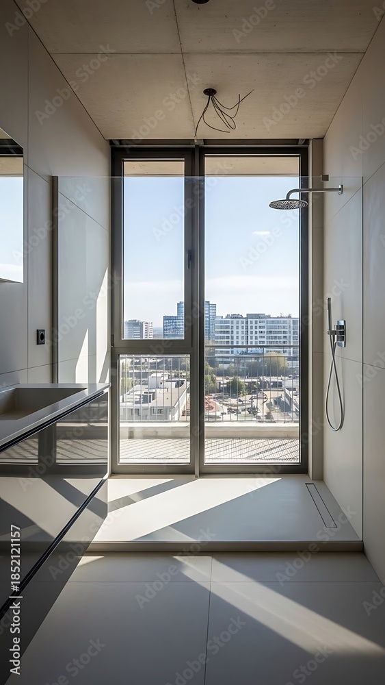 Fototapeta premium Modern bathroom with glass-enclosed shower and cityscape view