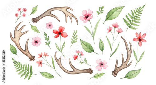 Antlers and flowers with green leaves in a decorative arrangement on