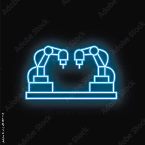 Blue neon sign depicting two robotic arms operating above a production line, symbolizing automated manufacturing