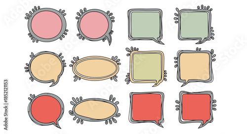 Nine speech bubbles with different shapes and colors, some with rough edges, illustrating a conversation or dialogue