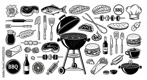 Black and white illustration of barbecue grill with various grilling tools and food items around it