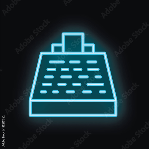 Blue neon sign of a cash register on a black background, glowing with light