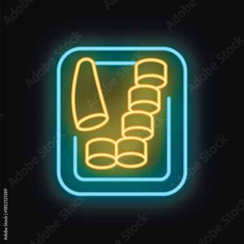 Glowing neon illustration of a tray with sushi rolls, ideal for restaurant menus or food related designs