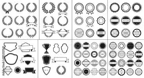 Collection of various vintage and classic emblem designs, including badges, seals, and decorative borders, suitable for logos and branding