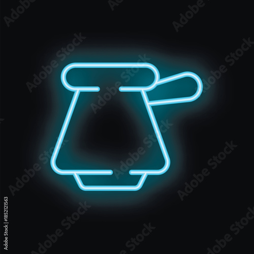 Glowing blue neon sign of a traditional arabic coffee pot, known as a dallah, set against a black background