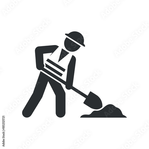 a simple black silhouette depicts a construction worker actively digging with a shovel representing labor and infrastructure work high quality professional