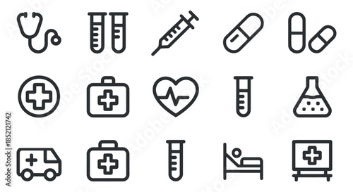 a collection of monochrome medical icons representing tools and concepts associated with healthcare diagnosis and treatment high quality professional detailed modern