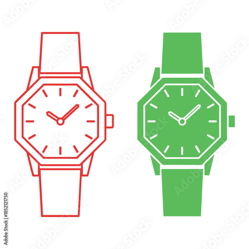 Two Wristwatches in Red and Green Line Style line outline