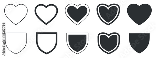 a minimalistic composition displaying a series of heart shapes and shield outlines in varying shades of black and white tones arranged neatly