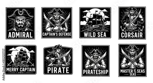 Set of nine piratethemed vector badges with various titles like admiral, captains defense, wild sea, corsair, merry captain, pirate, pirateship, master of seas