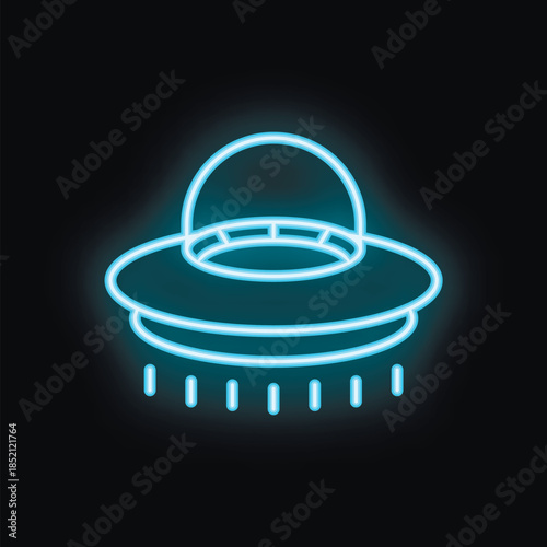 Blue neon sign representing alien spaceship hovering and beaming down on black background