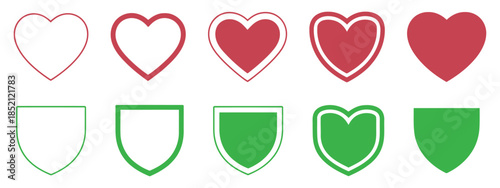 a collection of vibrant stylized heart and shield shapes in alternating colors of red white and green arranged in a row