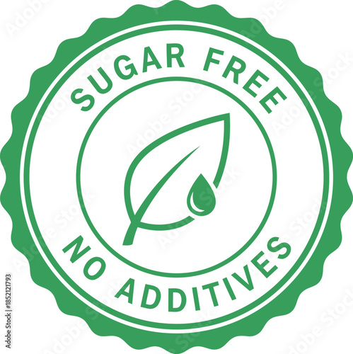 Green Sugar Free No Additives Badge Icon for Healthy Food Packaging and Natural Product Labels