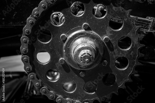 Close-up view of a bicycle gear system surrounded by industrial charm and intricate details