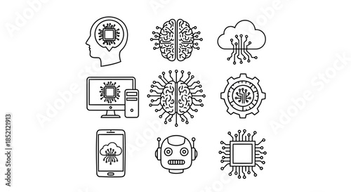 Set of nine black and white icons representing artificial intelligence, technology, and digital concepts