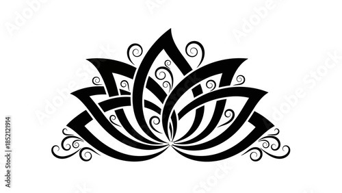 Intricate Black Celtic Knot Style Lotus Flower Ornament Design on Isolated White Background
