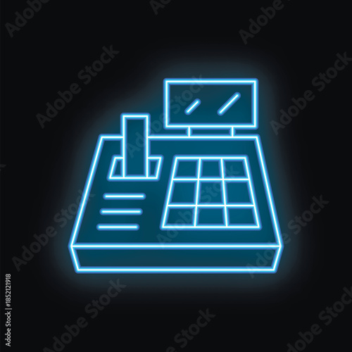 Blue neon sign depicting a cash register on a black background, perfect for representing concepts like retail and commerce