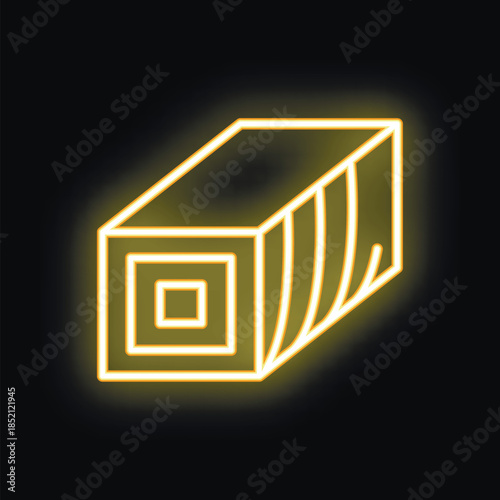 Glowing yellow neon sign of rectangular shape with abstract pattern on black brick wall background