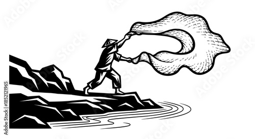 Man on cliff waving large fabric in strong wind.