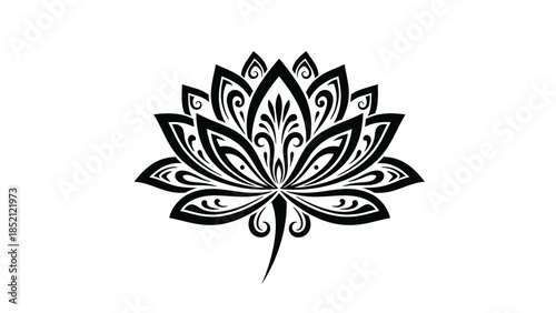 Stylized Black Lotus Flower with Swirling Organic Details Design on Isolated White Background