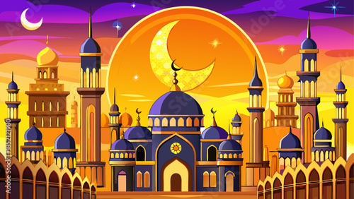 A mesmerizing islamic city illuminated by a golden crescent moon and vibrant sunset sky