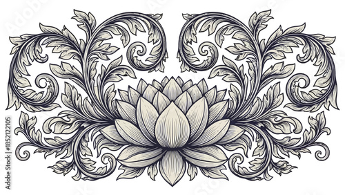 Intricate Lotus Flower Illustration with Detailed Grey and Beige Ornamental Border, Elegant Design on Isolated White Background