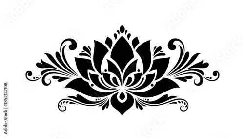 Ornate Black Lotus Flower with Intricate Scrolls and Leaves Design on Isolated White Background