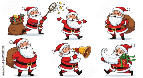 Six cheerful santa claus characters in festive red outfits engaged in various activities, isolated on
