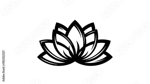Stylized Black Lotus Flower in Layered Graphic Design on Isolated White Background