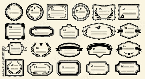 Collection of vintage labels and tags with various shapes and designs for scrapbooking and crafting projects