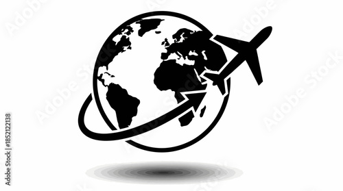 Global Travel Vector Illustration with Airplane and Globe, Black and White Design for Aviation, Connectivity, International Business, and Worldwide Graphic Use