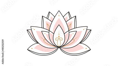 Delicate Soft Pink and Gold Lotus Flower Illustration on Isolated White Background