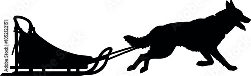 Silhouette of Sled Dog Pulling Sledge Isolated on White for Winter Adventure Design