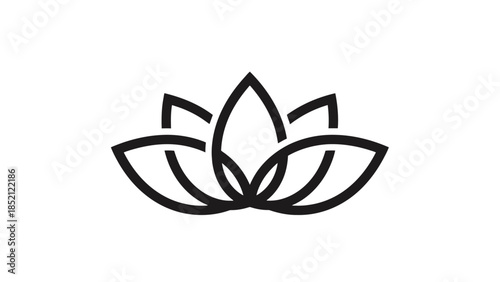 Minimalist Black Outline Lotus Flower Icon, Simple Line Art Design on Isolated White Background