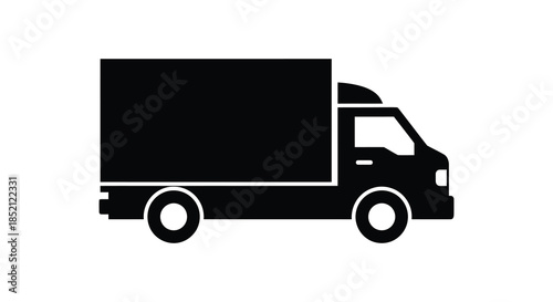 Simple black and white illustration of a delivery truck with a striking silhouette