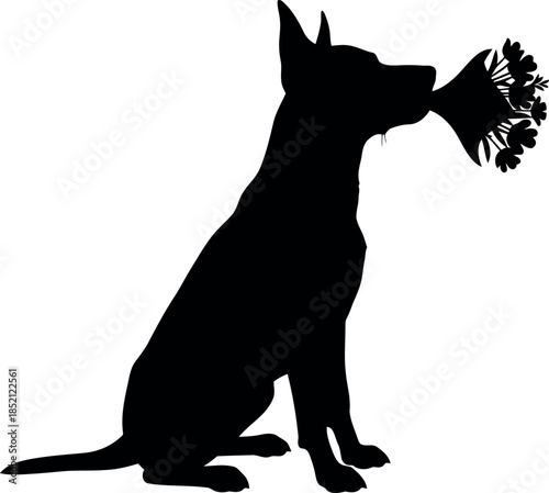 Silhouette of Dog Sitting with Flower Bouquet in Mouth Isolated on White Background