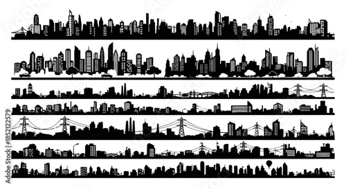 City skyline silhouettes of various cities showcasing diverse architectural styles and urban landscapes