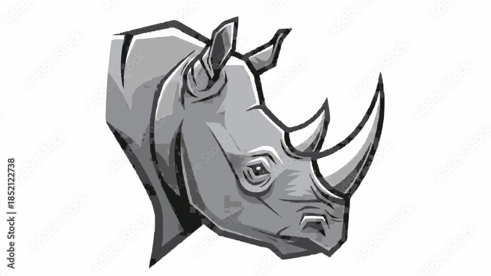 Fototapeta premium Powerful and graphic illustration of a rhinoceros head, rendered in a bold, grayscale style suitable for a mascot or a logo design.