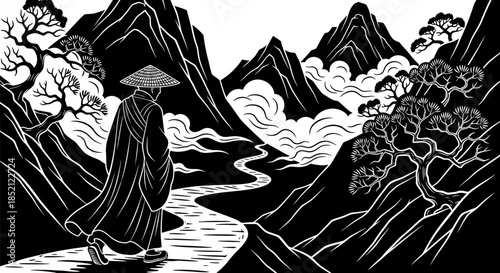 Monk in traditional robes and conical hat walking on a path.