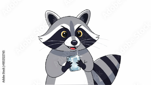 Mischievous cartoon raccoon holding a sparkling diamond or phone, illustrated with a sly expression on its face in a cute style.