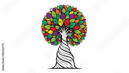 Artistic and vibrant tree with a twisted trunk and a round canopy of colorful leaves, representing creativity and the joy of life.