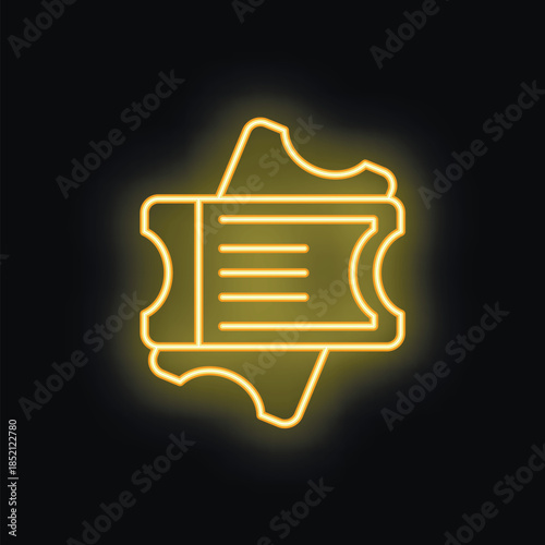 Neon ticket icon glowing on dark background representing entertainment and leisure activities