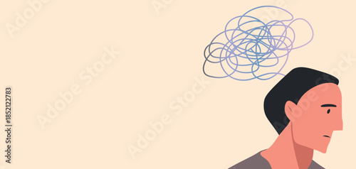 Young man thinking. Mental exhaustion, emotional numbness, burnout. Mental health concept for therapy and psychology topics.