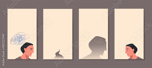 Mental health illustration series showing emotional confusion, inner dialogue, self reflection, therapy process, and psychological healing. Conceptual scenes for psychology, coaching, and mental wellb