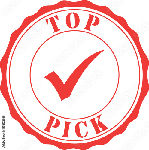 Red Top Pick Badge Stamp with Check Mark for Quality Approval and Recommendation