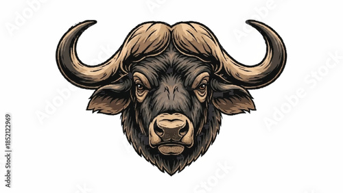 Detailed and powerful mascot illustration of an African buffalo head, depicted with a fierce expression in a bold, colorful style.