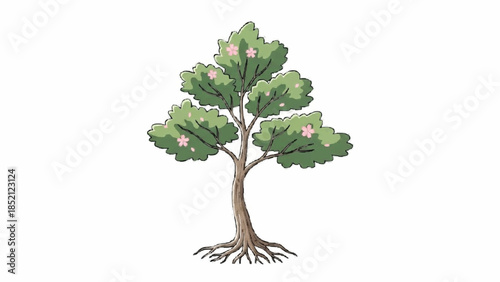Beautifully hand-drawn illustration of a blossoming tree with lush green foliage and delicate pink flowers, featuring detailed roots.