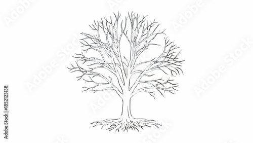 Detailed pencil sketch illustration of a bare deciduous tree in winter, showing intricate branches and an extensive root system.