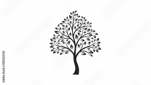 Elegant black and white silhouette of a decorative tree with a full canopy of detailed leaves, isolated on a clean white background.