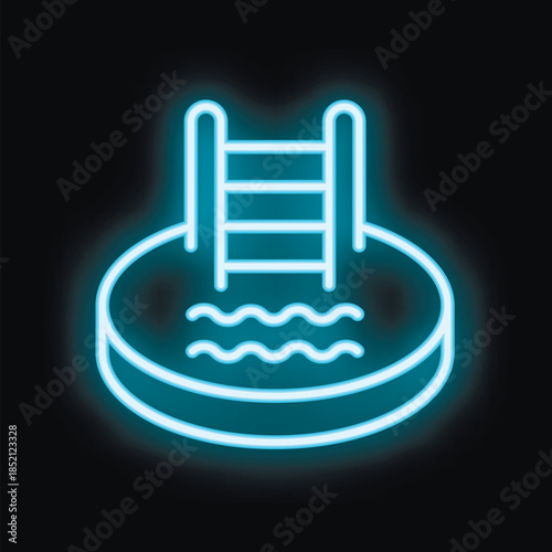 Blue neon sign depicting a round swimming pool with a ladder on a black background
